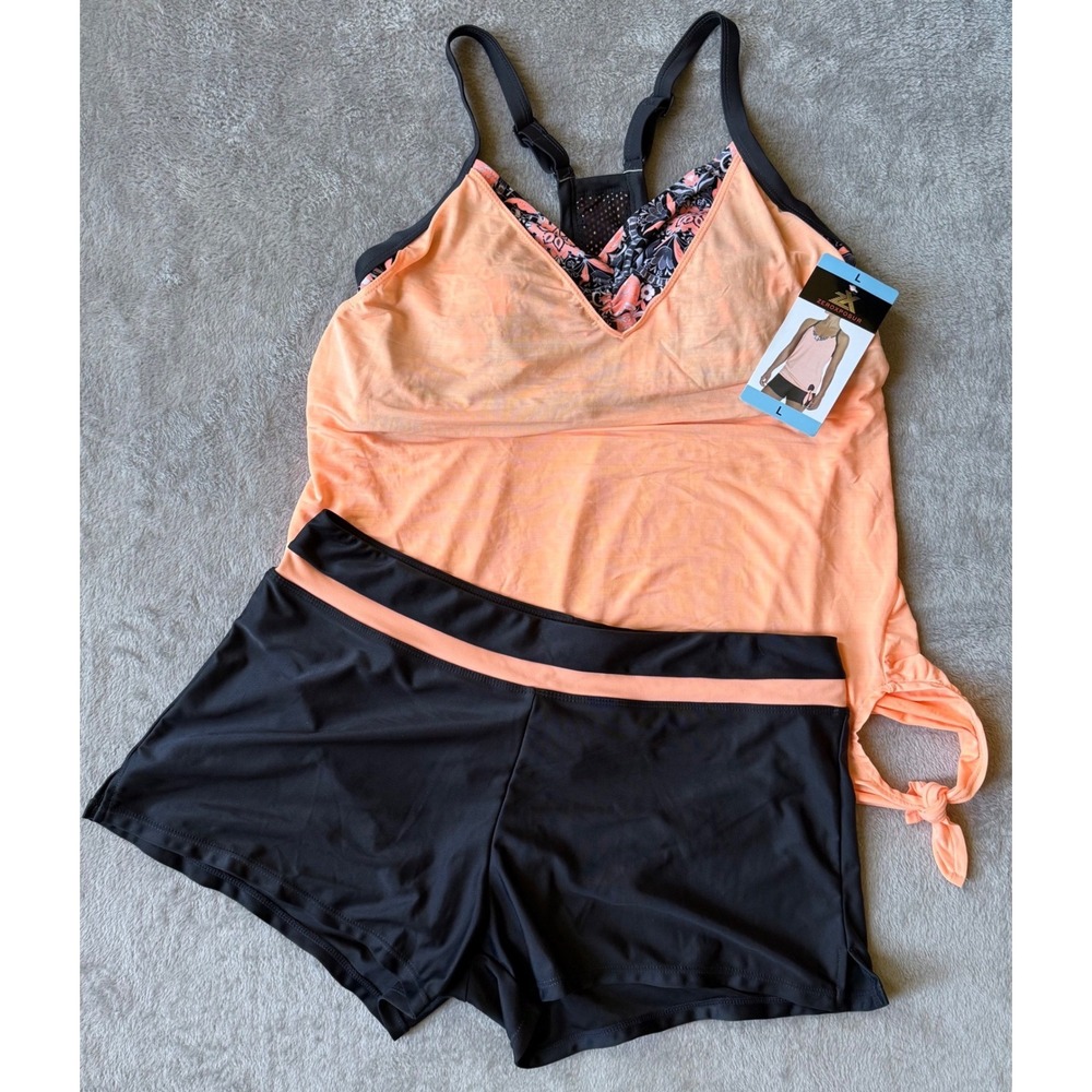ZeroXposur Womens Tankini Swimsuit Set Apricot Orange Black Boy Shorts Large NWT - Picture 2 of 9